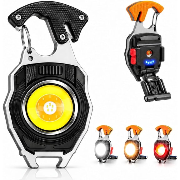 8-in-1 Multifunctional Keychain Flashlight, Mini COB Work Light,Black*1 | Rechargeable Magnetic Carabiner with Flameless Lighter, Bottle Opener, Whistle, Screwdriver and Folding Stand for Camping