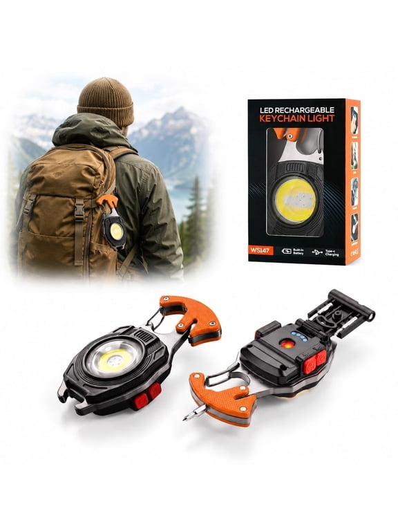 8-in-1 Multifunctional Keychain Flashlight Mini Rechargeable LED, USB-C Rechargeable, 7 Modes, Water-Resistant Mini Camping Light with Carabiner Tool