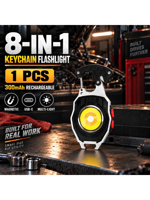 8-in-1 Multifunctional Keychain Flashlight Rechargeable Pocket EDC Multitool with Strobe Display Keychain Lighter Seat Belt Cutter Bottle Opener