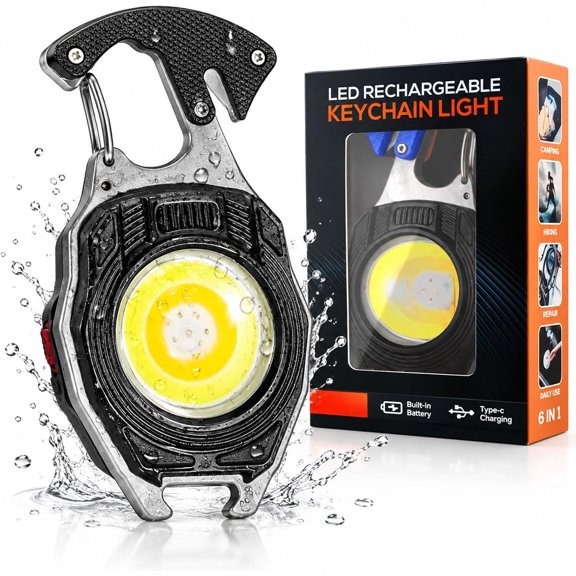 8-in-1 Multifunctional Keychain Flashlight, Rechargeable Work Light with Magnet and Hook for Camping and Car Repair
