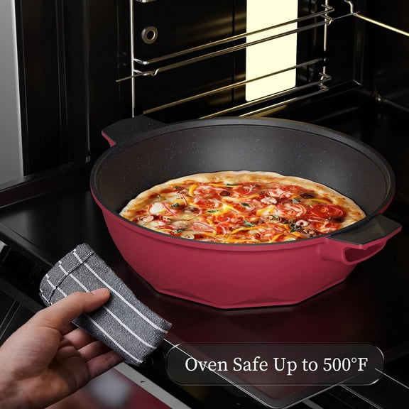 8-in-1 Multipurpose 11-Inch 5 Quart Heat Indicator Nonstick Deep Frying Pan with Glass Lid, Stay-cool Handle, Steamed Grid, PFOA-, Dishwasher & Oven Safe, Works with All Stovetops (Ruby Red)