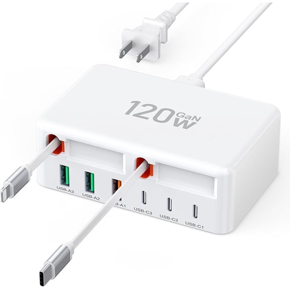 8-in-1 Retractable USB C Charger Charging Station Hub for Multiple Devices | 120W GaN with Lightening & Type Cable iPhone 18,Galaxy S26,Pixel,iPad,Home Office,Desktop Accessories