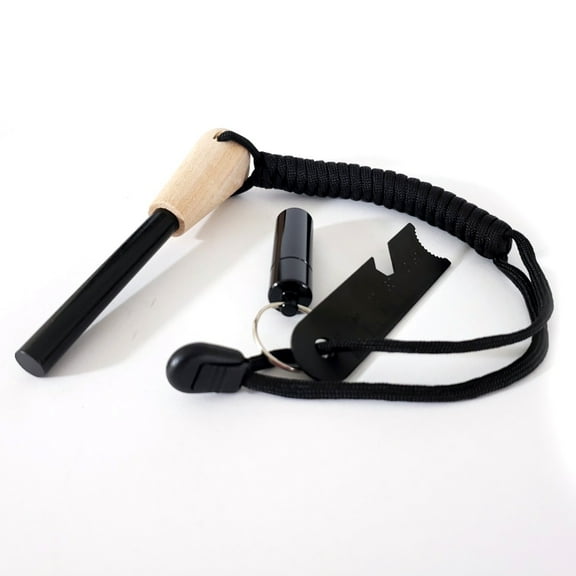 8 - in - 1 Survival Fire Starter With Wooden Handle and Paracord Lanyard By Sirius Survival - Black