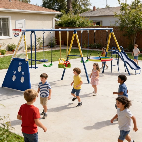 8-in-1 Swing Set for Backyard – Heavy-Duty Metal Playset with Slide, Saucer Seat, 2 Belt Swings, Soccer Goals, Glider, Baby Swing, and Basketball Hoop, 600lbs Capacity