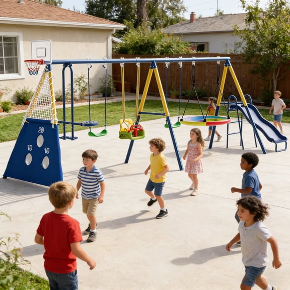 8-in-1 Swing Set for Backyard Heavy-Duty Metal Playset with Slide, Saucer Seat, 2 Belt Swings, Soccer Goals, Glider, Baby Swing, and Basketball Hoop, 600lbs Capacity