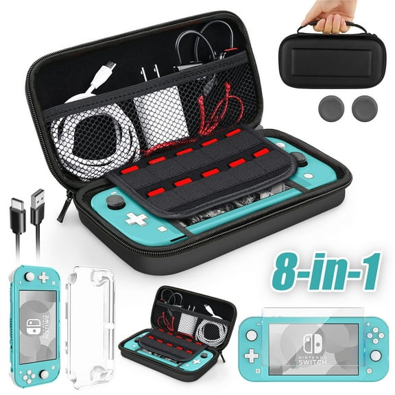 8-in-1 Switch Lite Accessories Bundle, Carrying Case Fit for Nintendo Switch Lite, Protective EVA Hard Shell Pouch with Clear Cover Case, Screen Protector, Charging Cable, 10 Game Card Slots