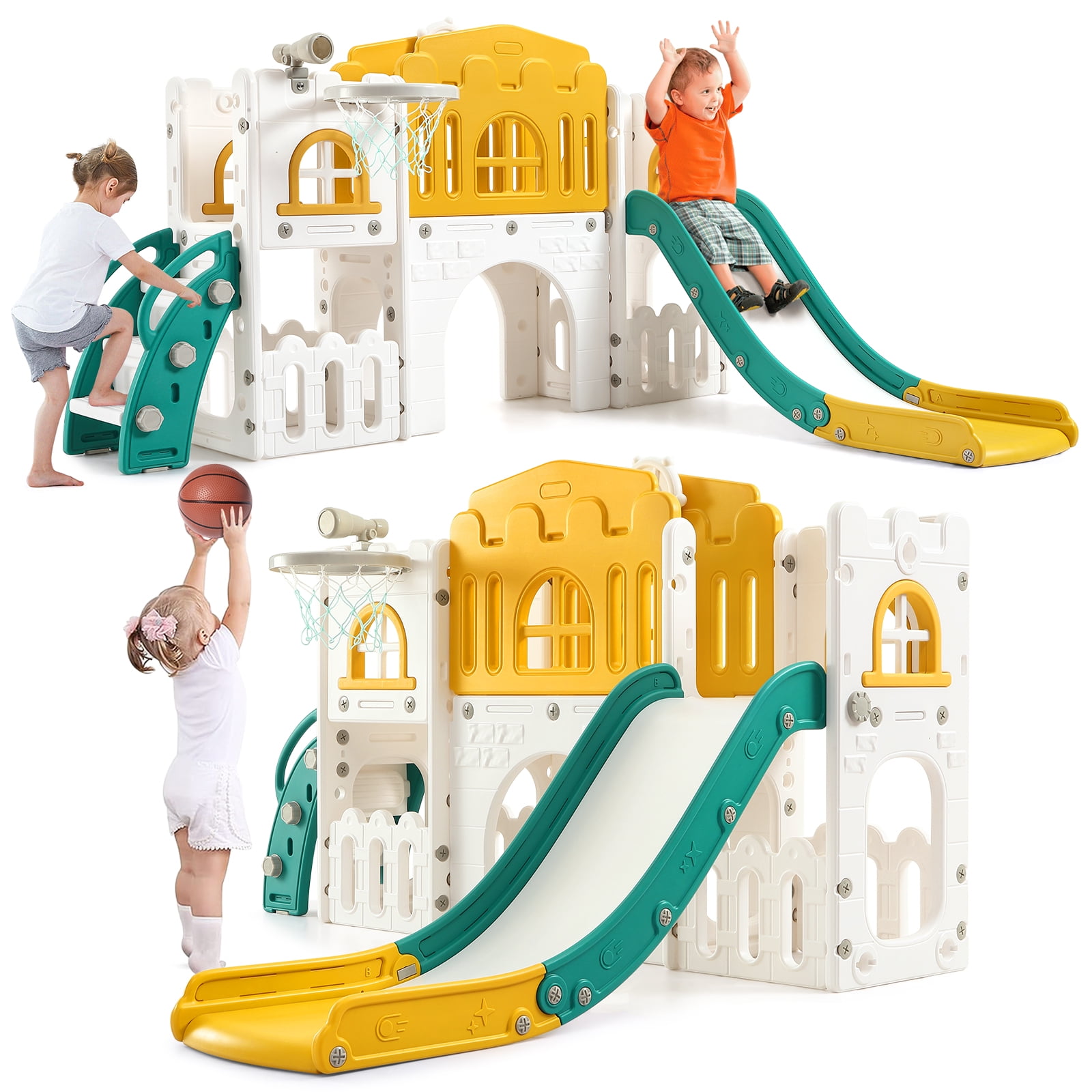 8-in-1 Toddler Playset with Slide & Climber for Ages 1-3, Indoor/Outdoor Playground Includes Basketball Hoop, Tunnel, Telescope & Storage