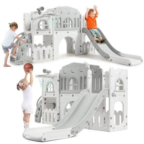 8-in-1 Toddler Playset with Slide & Climber for Ages 1-3, Indoor/Outdoor Playground Includes Basketball Hoop, Tunnel, Telescope & Storage