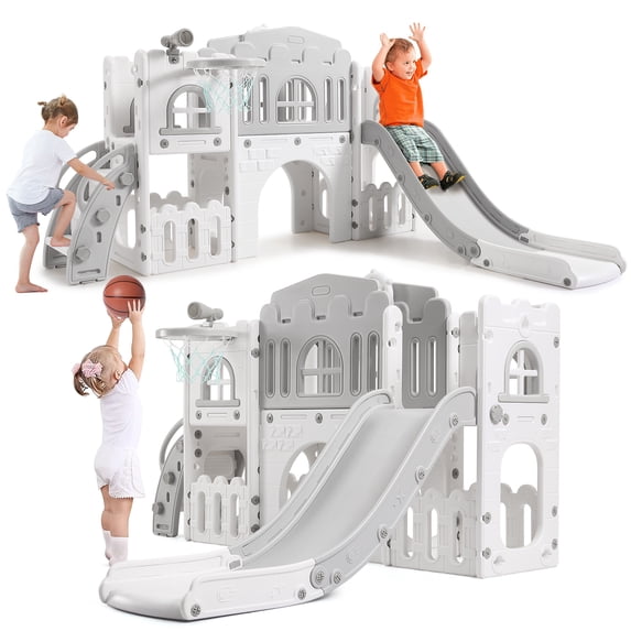 8-in-1 Toddler Slide,Baby Slide for Toddlers Age 1-3,Indoor Playground with Slide,Basketball Hoop,Climber,Crawling Tunnel,Telescope,Toy Storage,Indoor Outdoor Playset Playground