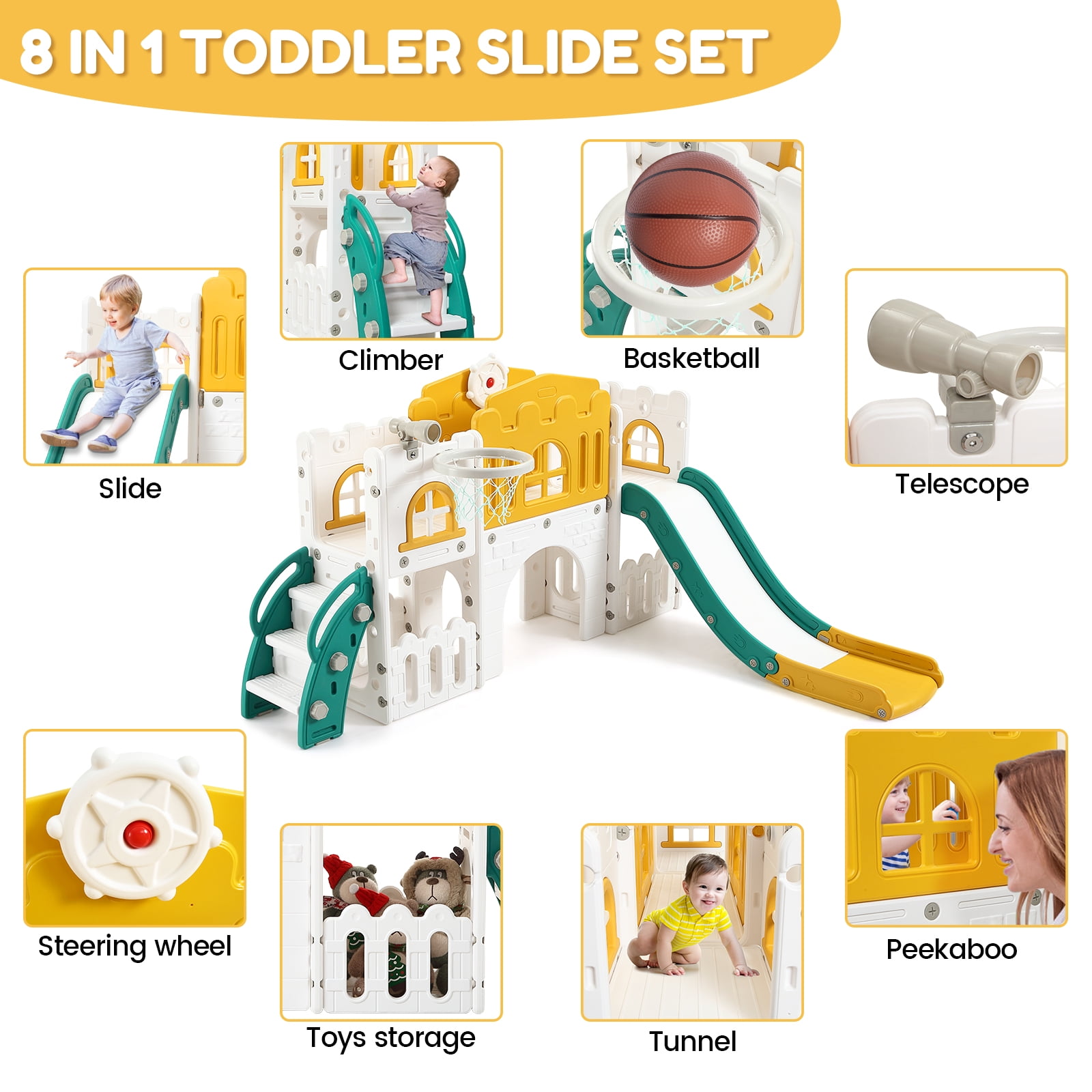 8 in 1 Toddler Slide Indoor Playground with Slide, Basketball Hoop, Climber for Toddlers 1-3