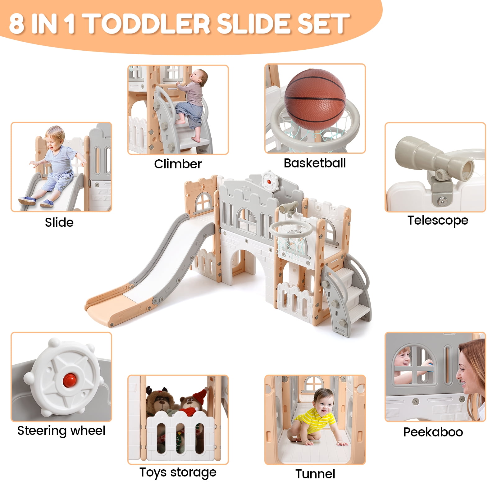 8 in 1 Toddler Slide Indoor Playground with Slide, Basketball Hoop, Climber for Toddlers 1-3