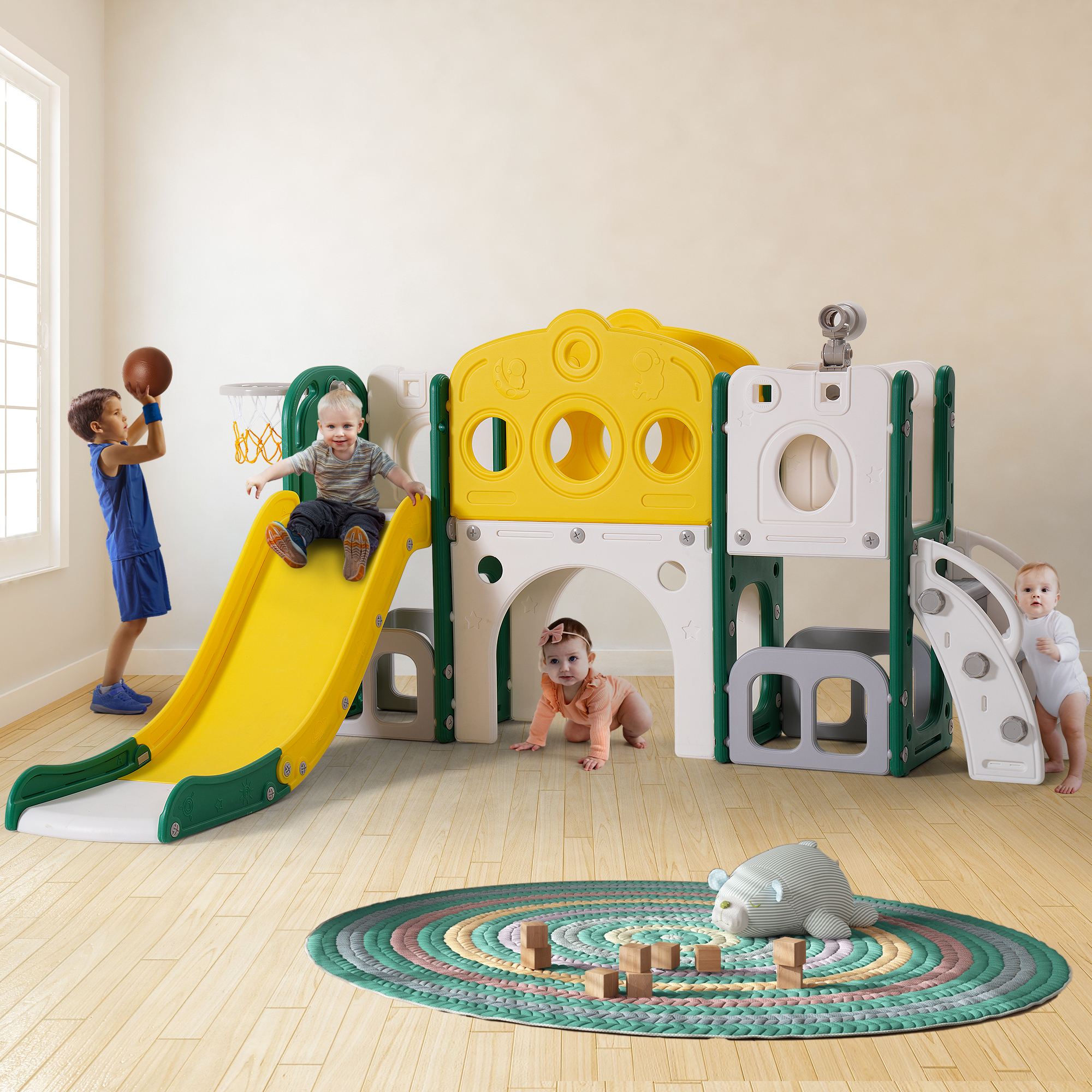 8 In 1 Toddler Slide Playset With Climber Basketball Hoop Tunnel And 