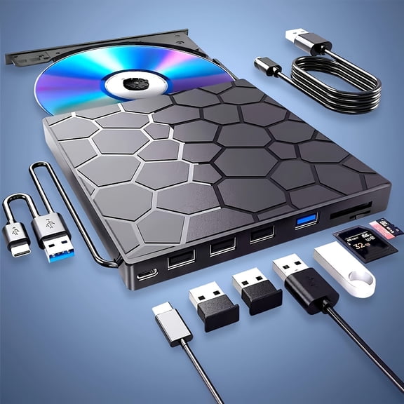 8-in-1 USB 3.0 Portable External CD DVD Drive, High Speed Type-C Multi Interface Hub, CD DVD Burner Reader Compatible with Laptops, Desktops and Mac Computers