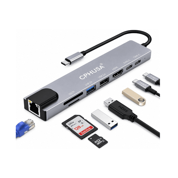 8-in-1 USB C Docking Station, Type C Hub with 4K HDMI Output, Gigabit Ethernet RJ45, 100W Power Delivery, SD/TF Card Slots & High-Speed USB Ports for MacBook, Surface, iPad Pro & USB-C Laptops