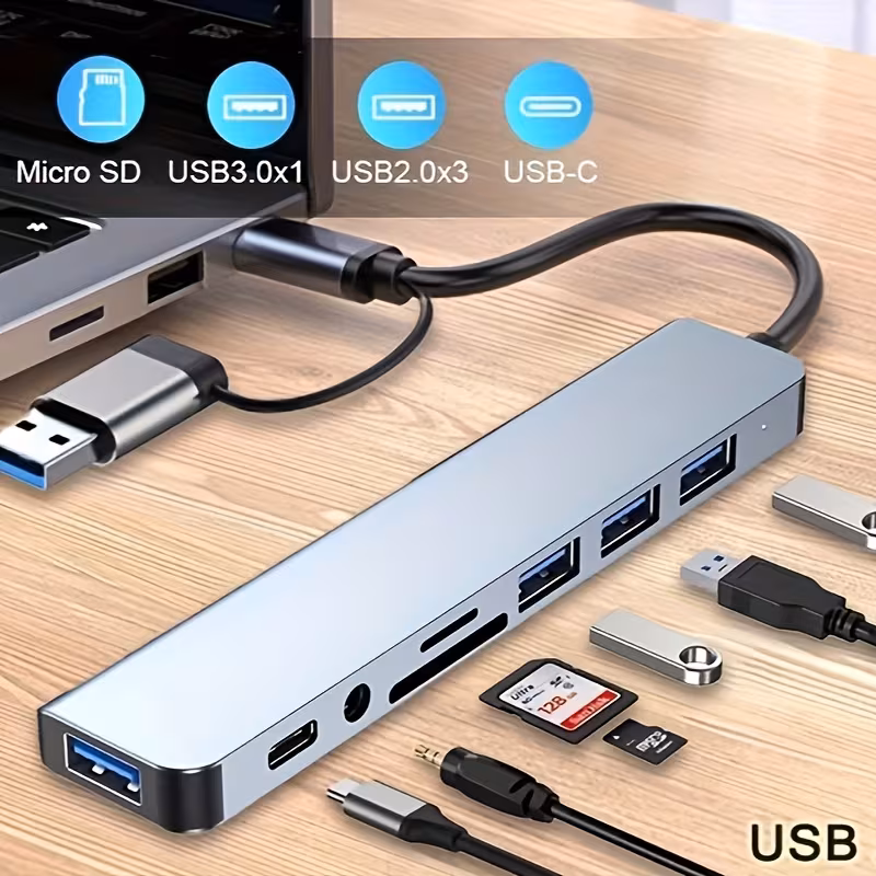 8-in-1 USB-C Hub with Audio Jack, Compatible with Tablets, USB Powered 5V Operating Voltage, Multi-Port Adapter for Laptops & Tablets