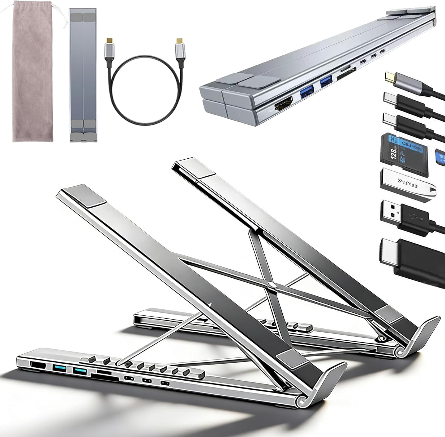8-in-1 USB-C Laptop Docking Station Stand,Laptop Stand with Docking Station with 4K HDMI,100W PD and 5 USB Ports,Foldable Multiport Adapter for USB-C Laptops and Home Office