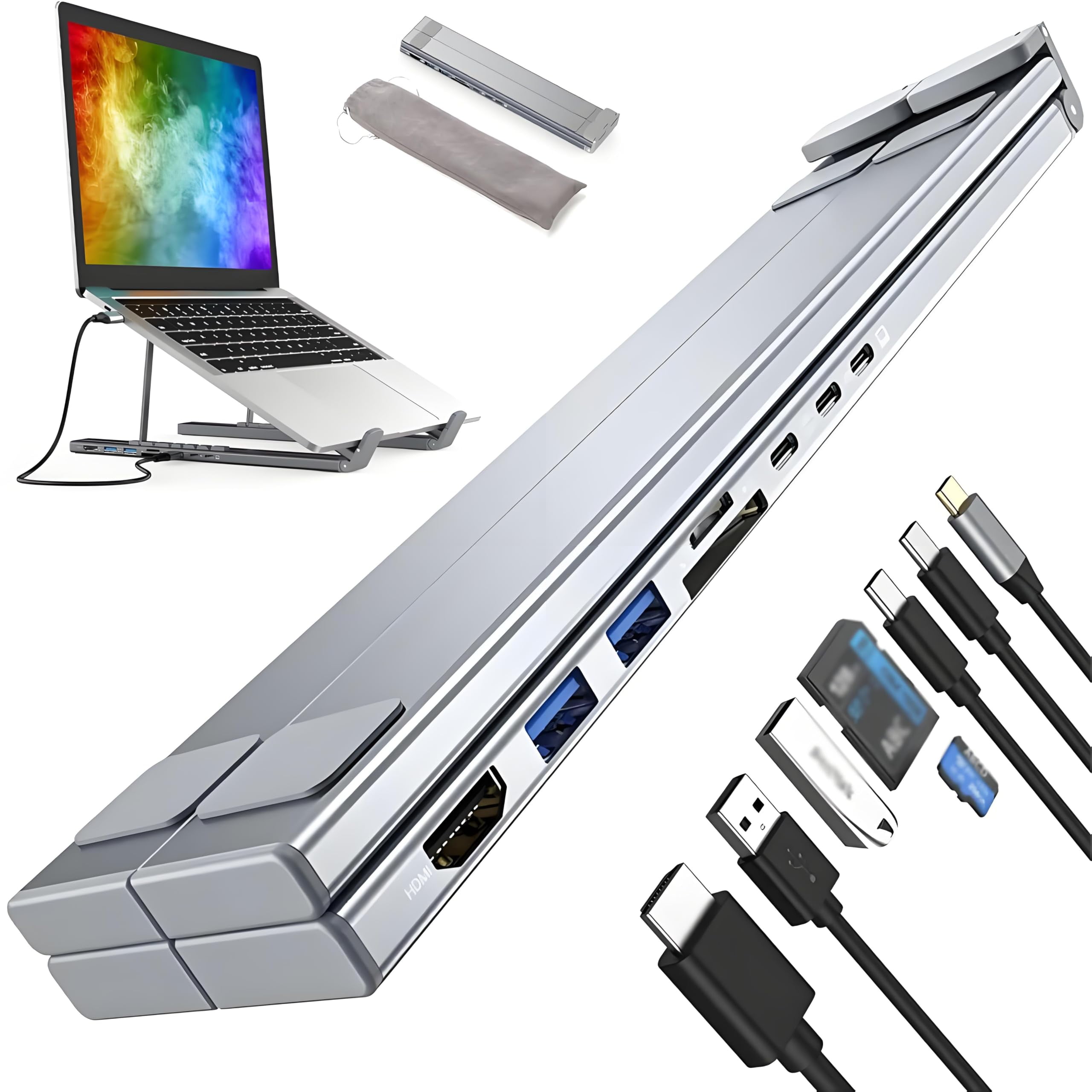 8-in-1 USB-C Laptop Stand with Docking Station,Portable Aluminum Laptop Stand for Desk with 4K HDMI,USB 3.0,USB-C Ports,SD Card Slot,Adjustable Height