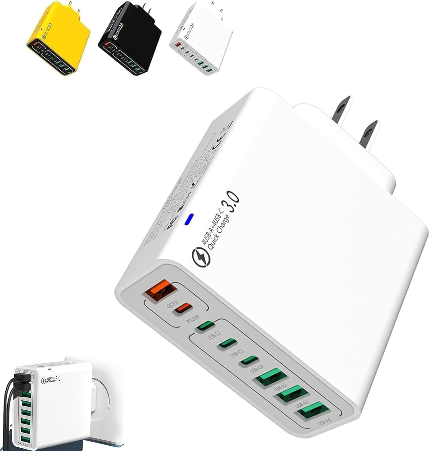 8-in-1 USB Fast Charging Station – 4 USB Ports & 4 Type C Ports Desktop Charger, Waterproof Travel Phone Charger Plug for Multiple Devices, Home Office Travel Power Hub
