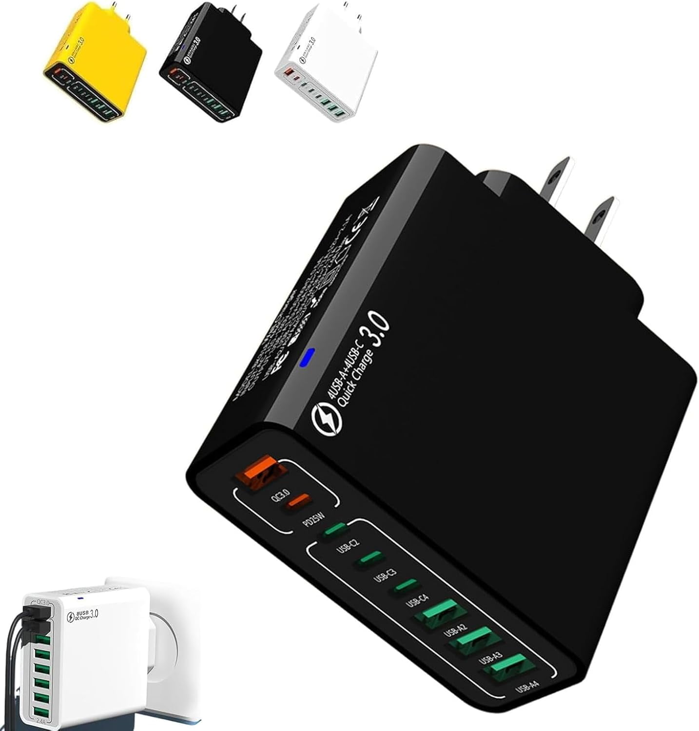 8-in-1 USB Fast Charging Station – 4 USB Ports & 4 Type C Ports Desktop Charger, Waterproof Travel Phone Charger Plug for Multiple Devices, Home Office Travel Power Hub