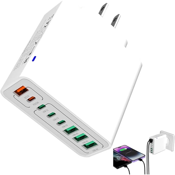 8 in 1 Waterproof Ports USB Fast Charger, Smart Safe Portable with Multiple Ports Devices with 4 Type C and 4 USB Port for Home Office Travel