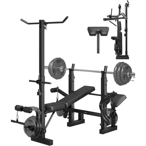 8-in-1 Weight Bench Set for Home Gym, Foldable Workout Benchs with Preacher Curl Pad, LAT Pulldown and Leg Extension Leg Curl, Bench Press for Full Body Exercise