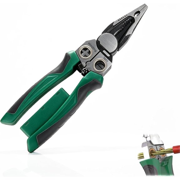 8-in-1 Wire Stripper with Non-Contact Voltage Tester, Electrician Pliers for Wire Cutting, Crimping, Twisting and Pulling, Ergonomic Handle, Green