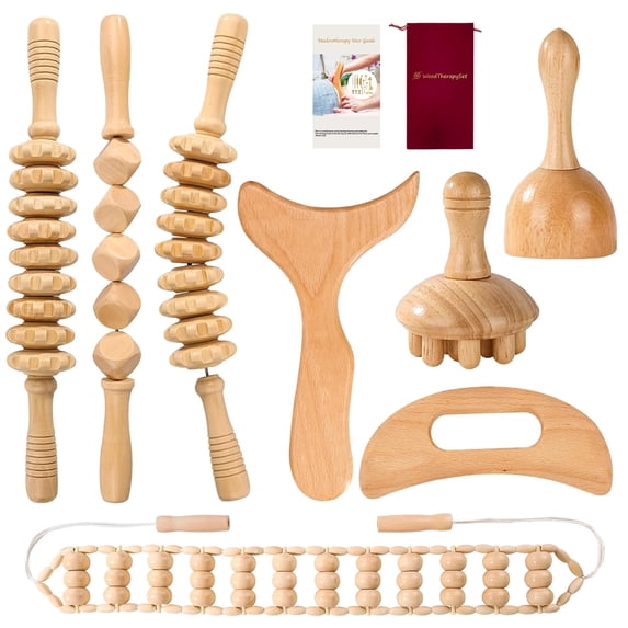 8-in-1 Wooden Massage Tools Set, Body Massager Kit with Roller Stick, Cup, Gua Sha & Handheld Massagers, Home Spa Massage Set with Storage Bag & Manual