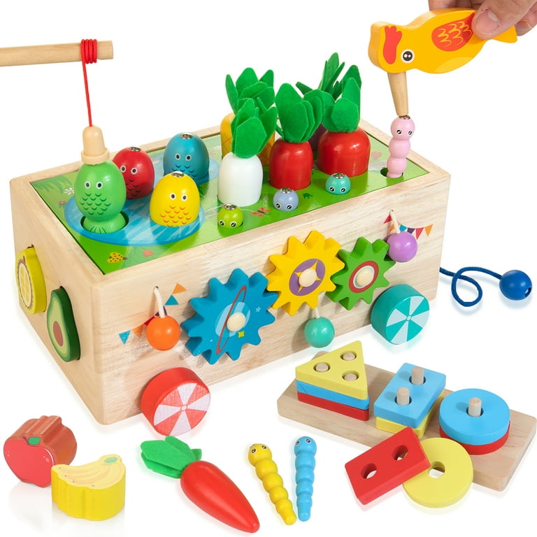 8-in-1 Wooden Activity Truck Toy Set, Montessori Educational Toys Sorting &  Stacking Shape Match Carrot Harvest Fishing Woodpecker Catch Worms Maze  Colorful Gears Beads, Gift for Kids Age 1 2 3 4 