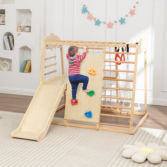 8-in-1 Wooden Indoor Jungle Gym for Toddlers, Montessori Climbing Set with Slide, Swing, Net, Rings & Monkey Bars, Ages 36
