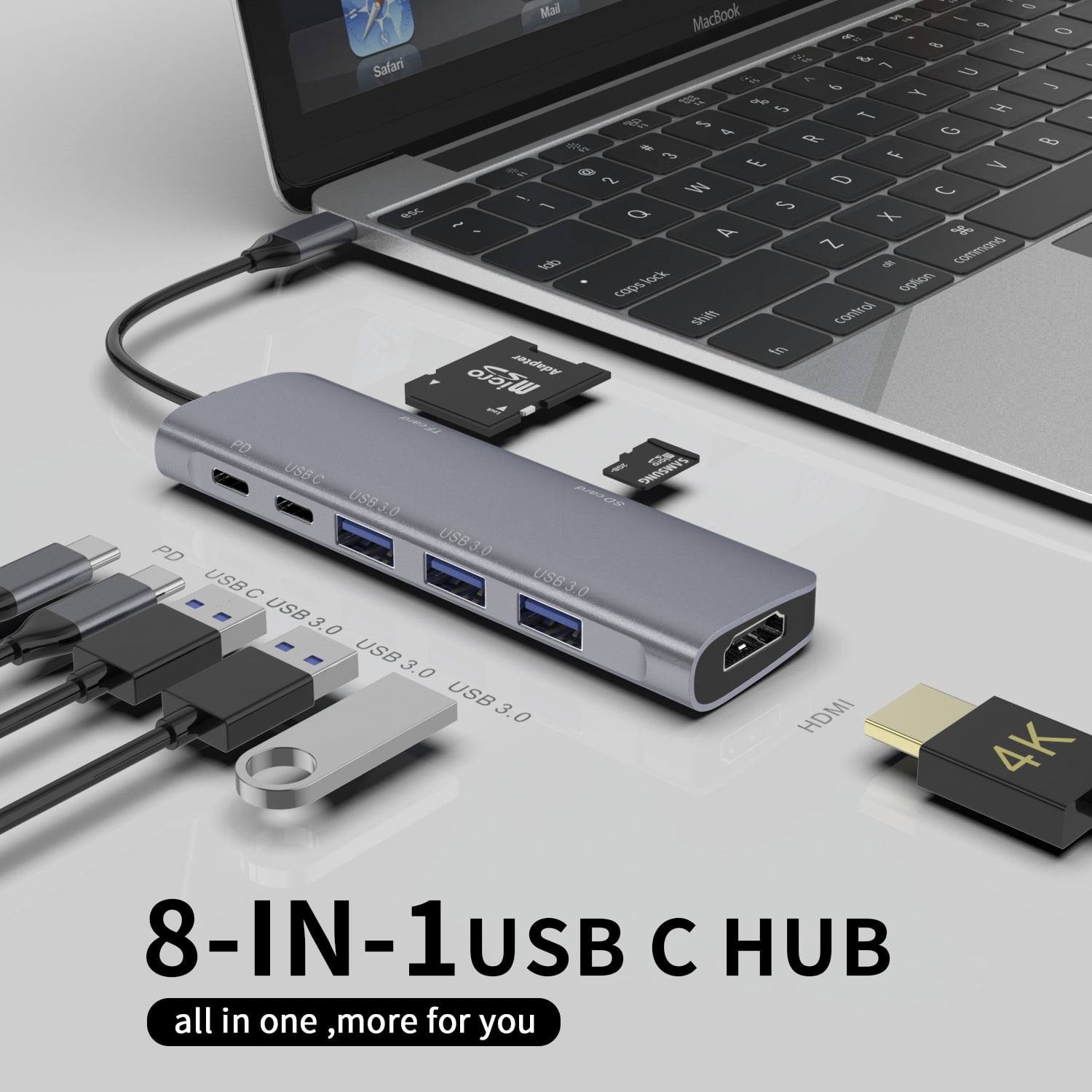 8 in 1 docking station type C adapter with 4K HDMI,PD Charging,USB-C, 3*USB 3.0 ,SD/TF Card