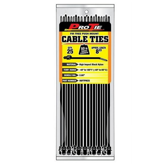 8 in. Fir Tree Push Mount Nylon Cable Tie, UV Black - Pack of 25