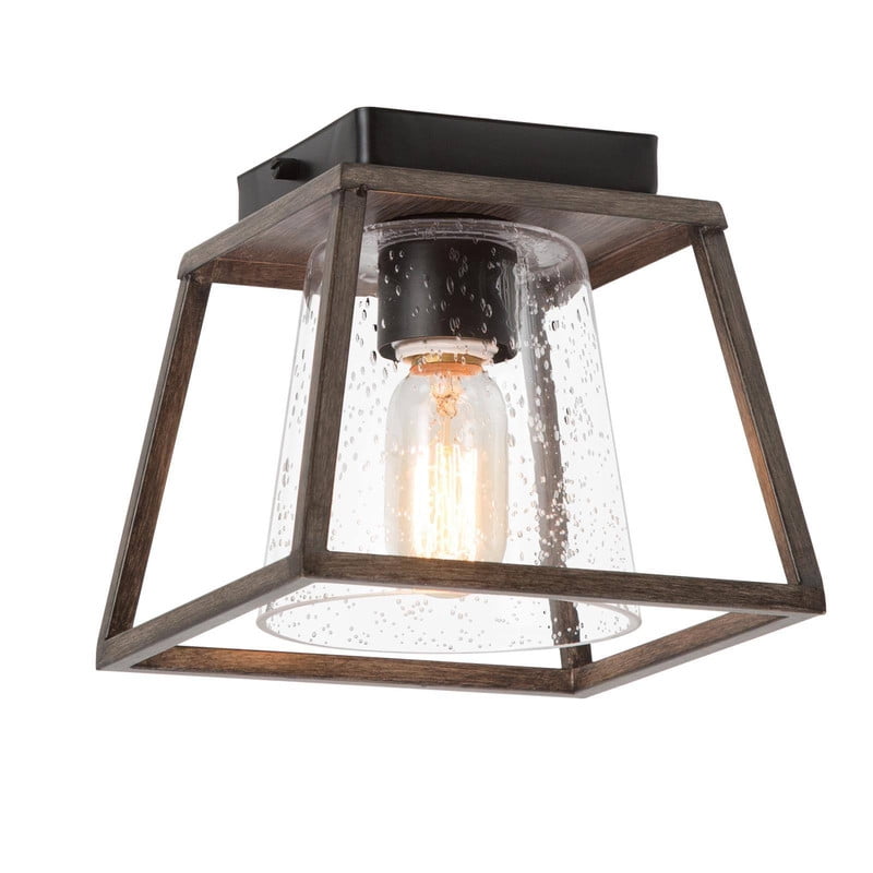 LNC 8-in Grayish Brown Wood and Black Seeded Glass Square LED Farmhouse Flush Mount Light