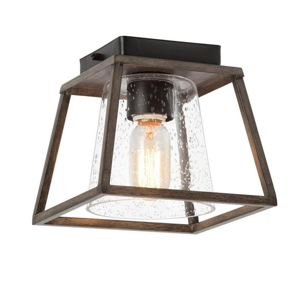 LNC 8-in Grayish Brown Wood and Black Seeded Glass Square LED Farmhouse Flush Mount Light