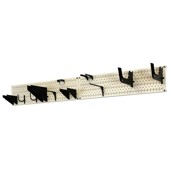 8 in. H x 64 in. W Garage Tool Storage Lawn and Garden Tool Organizer Rack with Tan Beige Metal Pegboard and Black Hooks