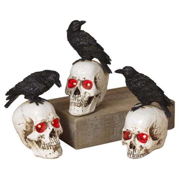 8 in. Prelit Skull with Crow Halloween Decor