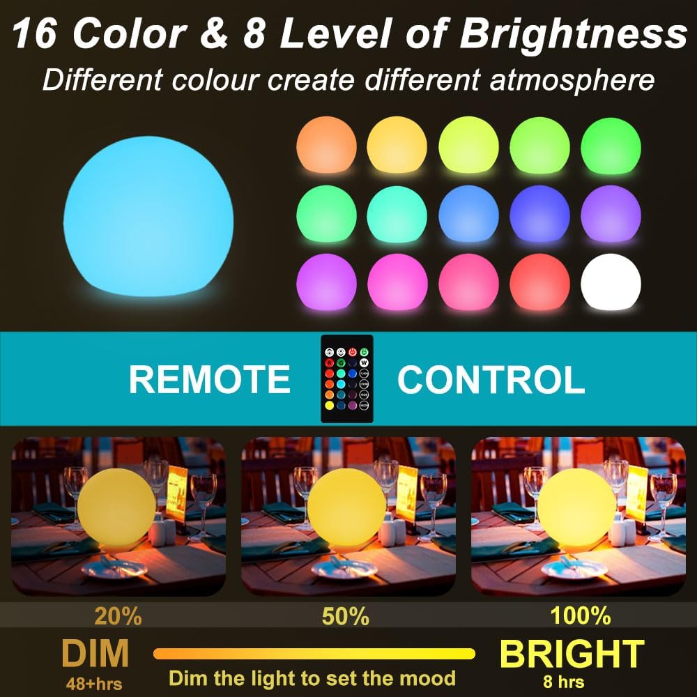 8-Inch Rechargeable LED Ball Light – 16-Color Remote Control Waterproof Orb Lamp For Garden, Patio & Outdoor Decor