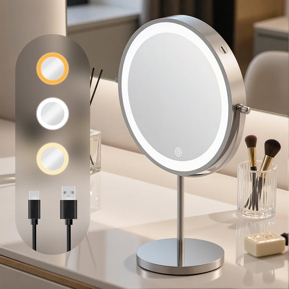 8 in. W x 8 in. H LED Lighted 1X/10X Magnifying Mirror Tabletop Bathroom Makeup Mirror in Nickel(Battery/USB Powered)