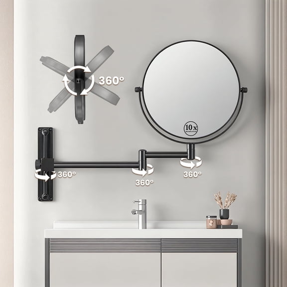 8 in. Wall-Mount Round Magnifying Makeup Mirror, 1X/10X Double-Sided Bathroom Vanity Mirror with Height-Adjustable Base and Extendable Arm, Black