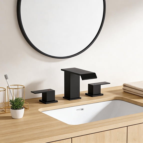8 in. Waterfall Widespread 2-Handle Bathroom Faucet, Matte Black with Splash-Free Curved Spout, Pop-Up Drain & 3-Hole Sink Installation