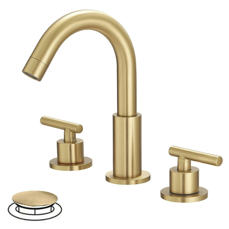 8 in. Widespread 2-Handle Mid-Arc Bathroom Faucet with Valve and cUPC Water Supply Lines in Brushed Gold 8 in. Widespread 2-Handle Mid-Arc Bathroom Faucet with Valve and cUPC Water Supply Lines in Brushed Gold