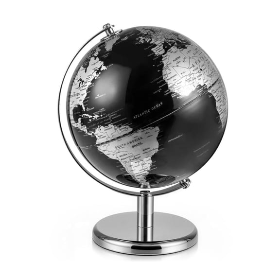 8 in World Globe Tabletop Decor, Silver Metal Frame, 360 Rotation, Time Zone Markings