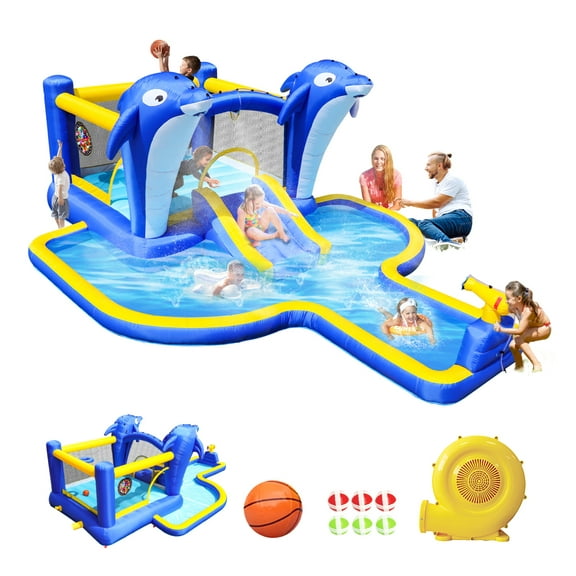 8 in1 Inflatable slide water park trampoline bouncing house outdoor garden with Dolphin sprinkler & Target games & Water gun & Basketball Multicolor + oxford fabric
