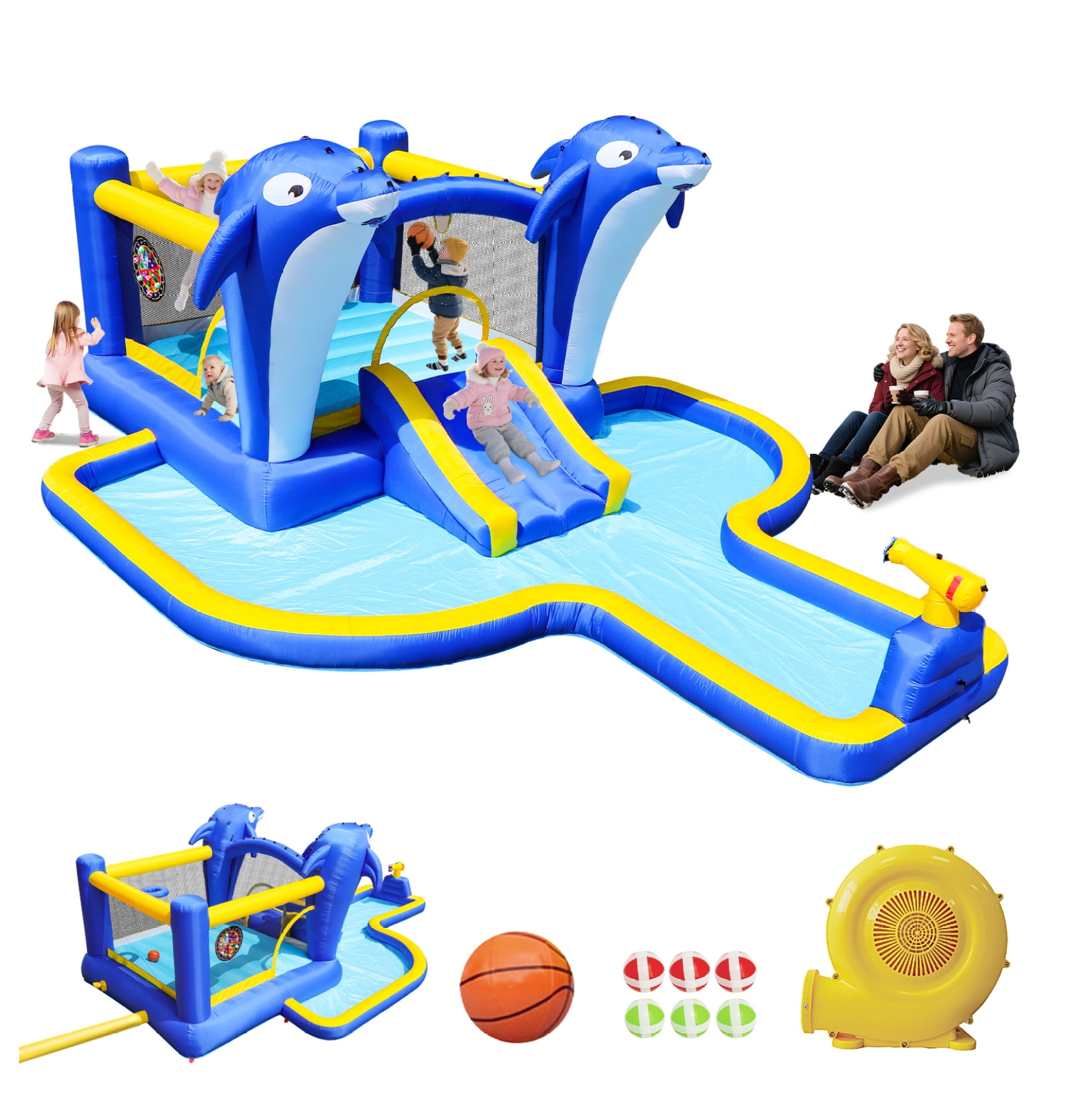 8 in1 Inflatable slide water park trampoline bouncing house outdoor garden with Dolphin sprinkler & Target games & Water gun & Basketball