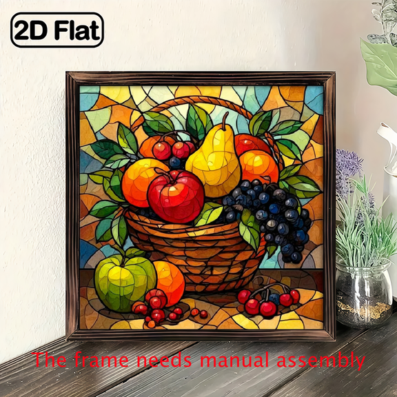 8-inch 2D flat "Basket of Fruits" wooden framed painting, easy to install, can be used as decorative signs and plaques for various wall scenarios, making it an ideal gift for festivals.