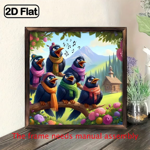 An 8-inch 2D flat "Bird Singing Group" themed wooden frame painting. Suitable for wall decoration signs and plaques in homes, offices, restaurants and other places. It is an extremely perfect gift.