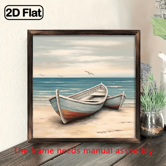 8-inch 2D flat "Boat on the Beach" wooden frame painting. Installation is simple. It is suitable for wall decoration signs and plaques in homes, etc. It is an ideal gift for celebrations.