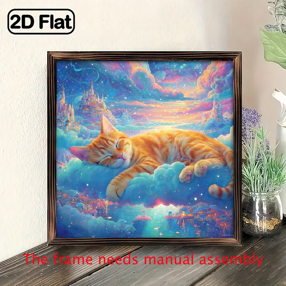 8-inch 2D flat "Cat on Clouds" wooden frame painting. Installation is simple. It is suitable for wall decoration signs and plaques in homes and other places. It is an ideal gift for festivals.