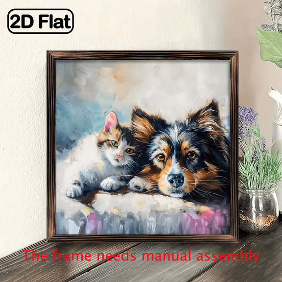 8-inch 2D flat "Cat and Dog" theme wooden frame painting, suitable for wall decoration signs and plaques in homes, offices, restaurants and other places. It can be a very perfect gift.