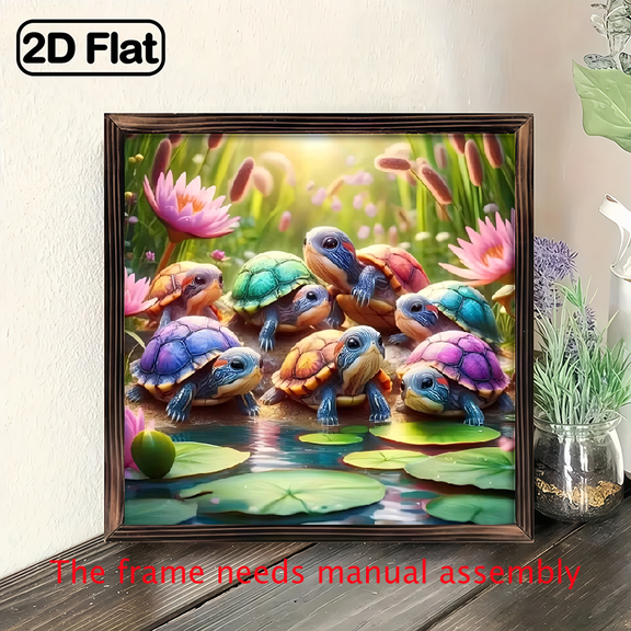 8-inch 2D flat "Colored Turtles" wooden frame painting, easy to install, can be used as multi-scenario wall decorative signs and plaques, and is an ideal gift for festivals.