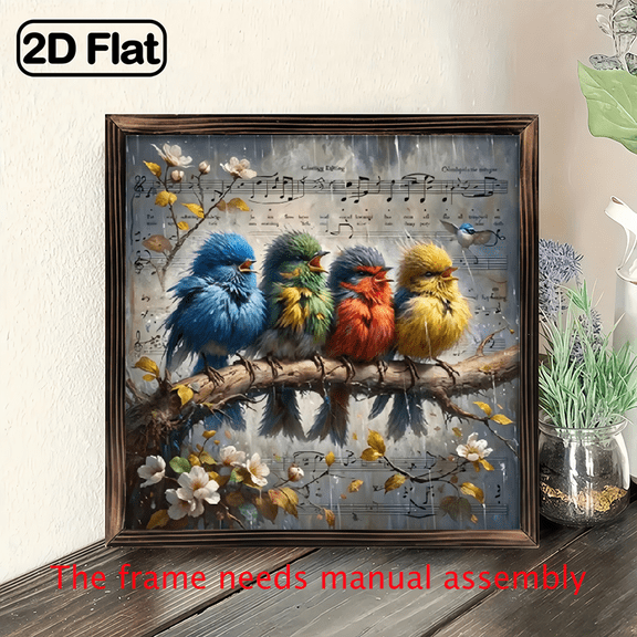 8-inch 2D flat "Colorful Bird Singing" theme wooden frame painting. Suitable for wall decoration signs and plaques in homes, offices, restaurants and other places. It can be a very perfect gift.